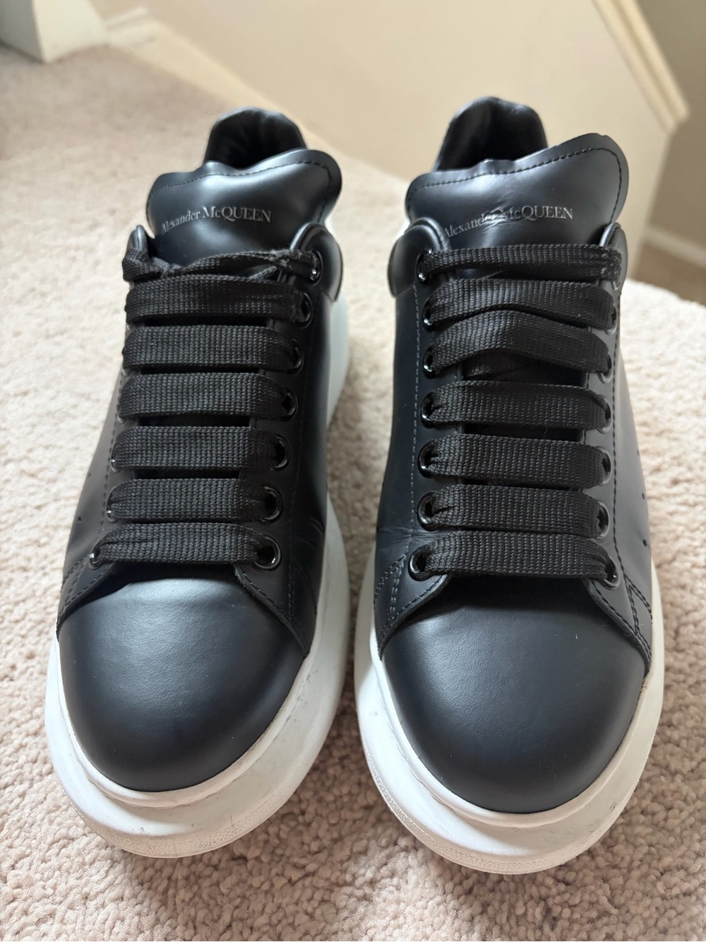Alexander McQueen Black Leather Low-Top Sneakers with White Platform Sole